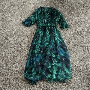 Green peacock print dress